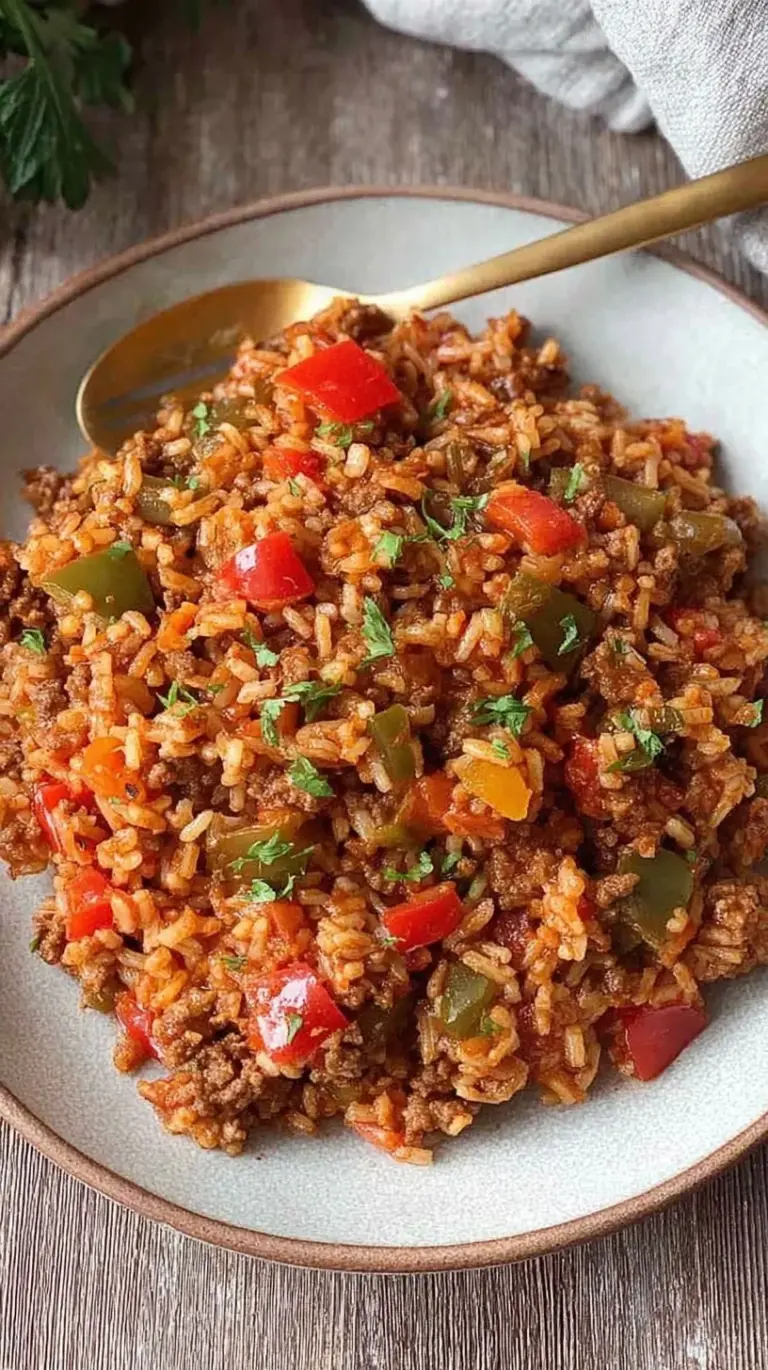 A steaming cast iron skillet filled with ground beef, rice, bell peppers, and melted cheddar cheese.