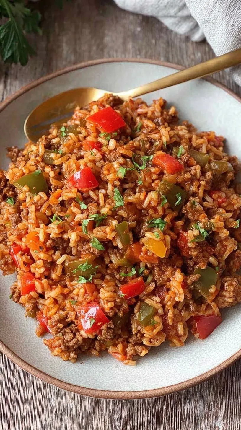 A steaming cast iron skillet filled with ground beef, rice, bell peppers, and melted cheddar cheese.