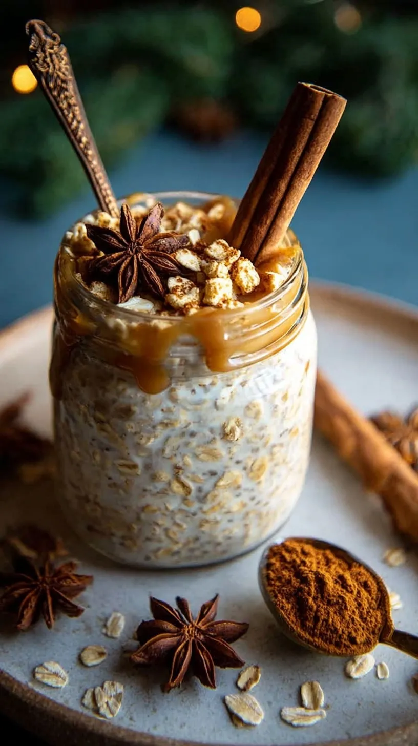 Two mason jars filled with creamy Vanilla Chai Overnight Oats topped with cinnamon and nuts