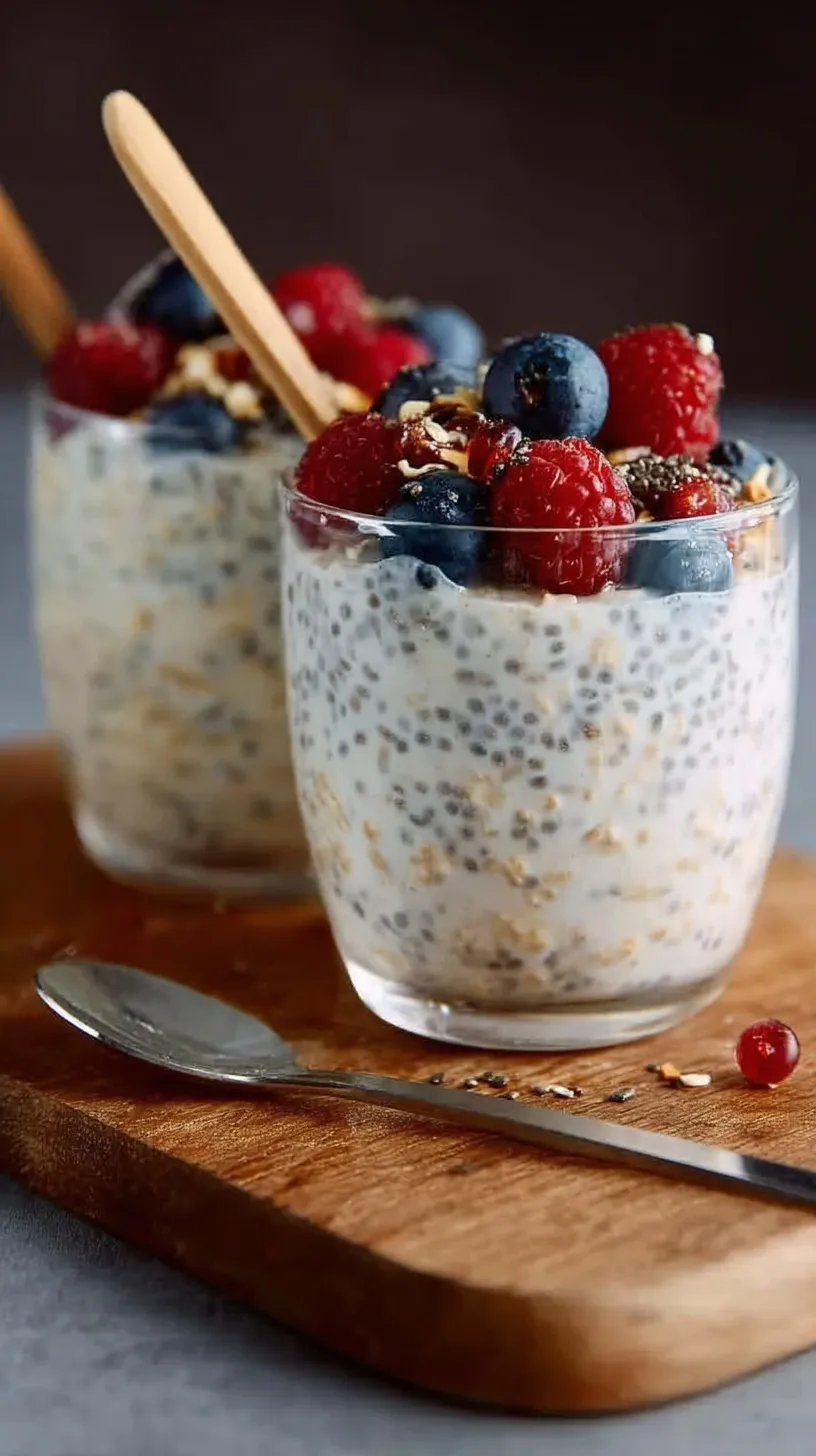 A glass mason jar filled with creamy vanilla overnight oats topped with fresh berries and chia seeds.