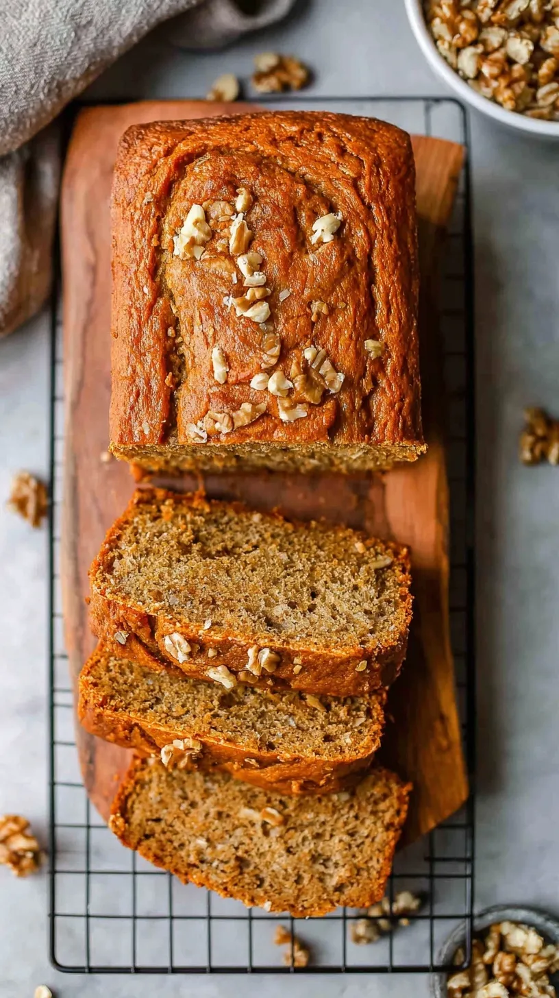 A thick slice of moist vegan banana bread on a wooden board