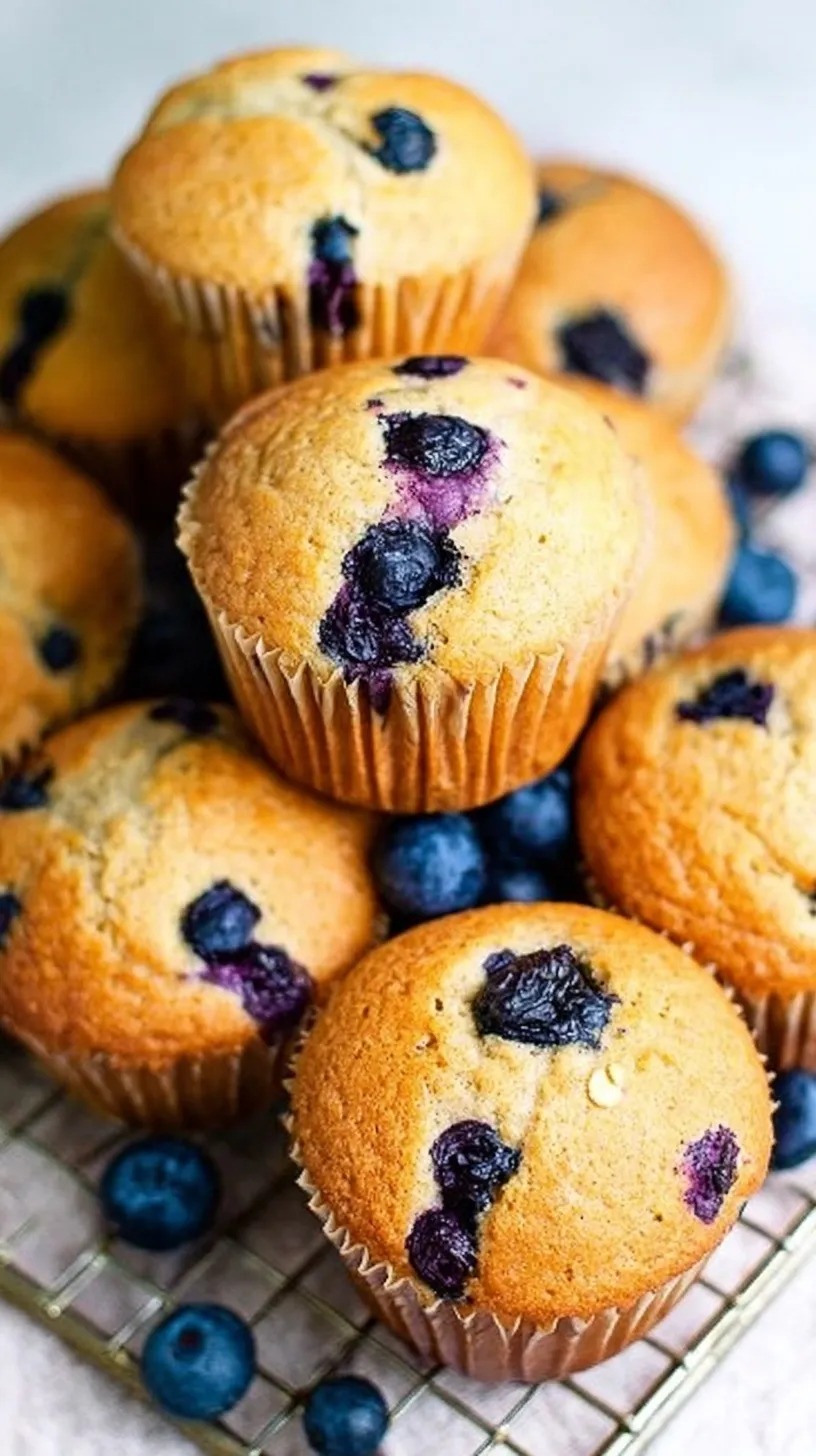 A tray of golden brown vegan blueberry muffins bursting with fresh purple berries and a hint of lemon zest.