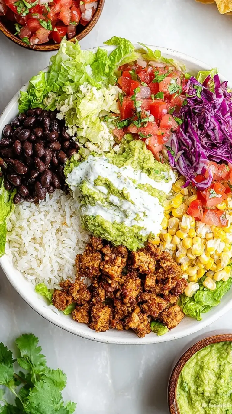 A vibrant Vegan Burrito Bowl with black beans, corn, avocado, and fresh tomato salsa on a bed of brown rice.