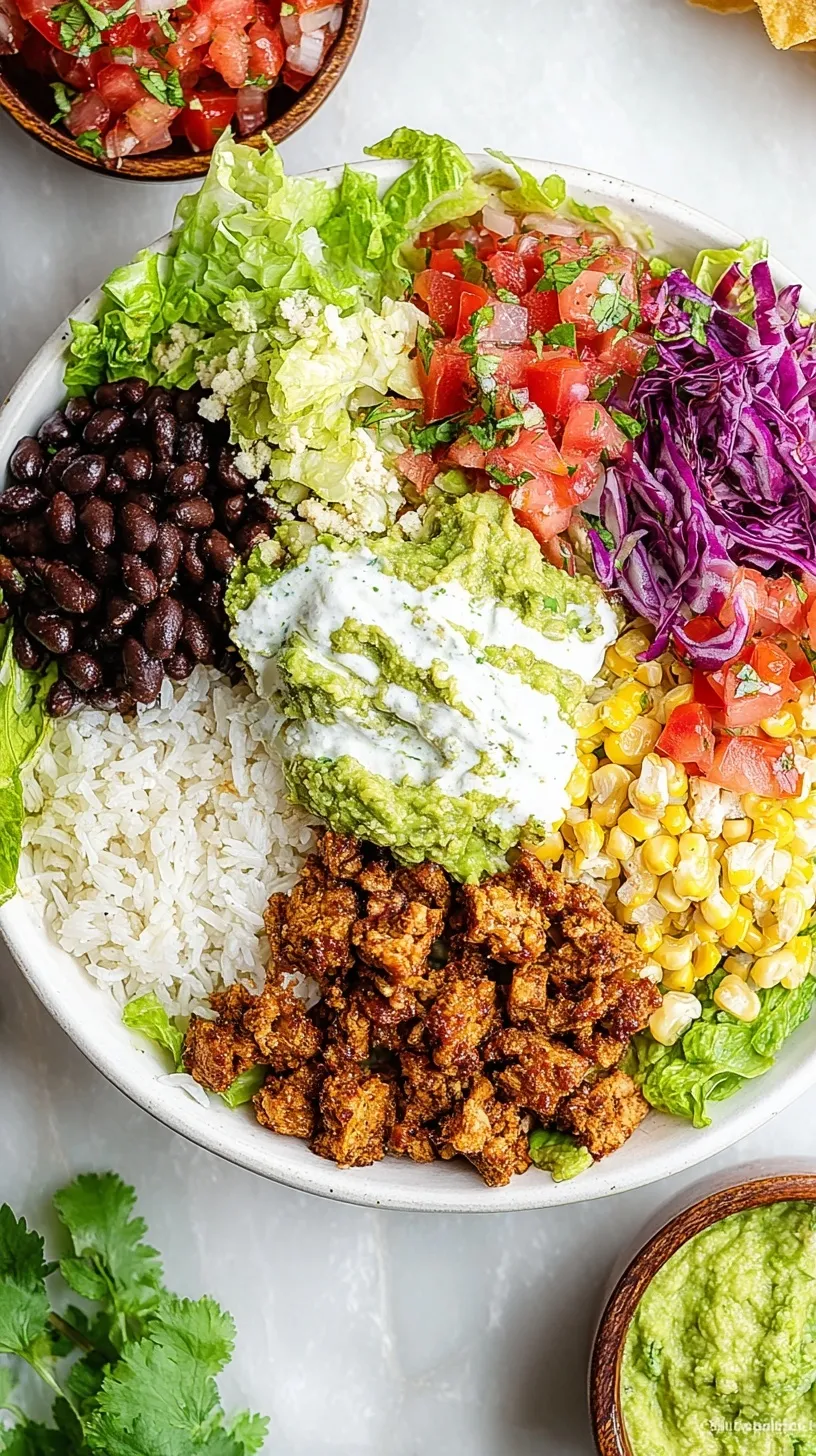 A vibrant Vegan Burrito Bowl with black beans, corn, avocado, and fresh tomato salsa on a bed of brown rice.