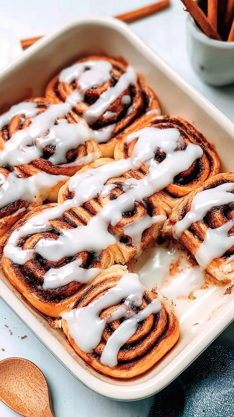 A tray of freshly baked vegan cinnamon rolls with white sugar glaze dripping down the sides.