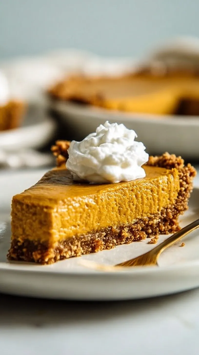 A slice of creamy vegan pumpkin pie with a flaky crust on a white plate.