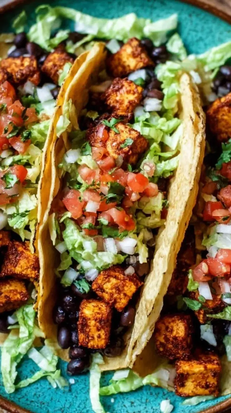 Crispy seasoned tofu and black bean tacos topped with avocado and cilantro on corn tortillas