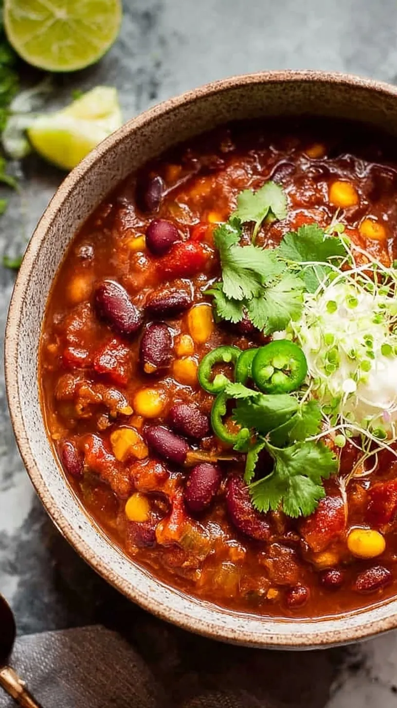 A steaming bowl of Vegetarian 3 Bean Chili topped with fresh herbs and sour cream