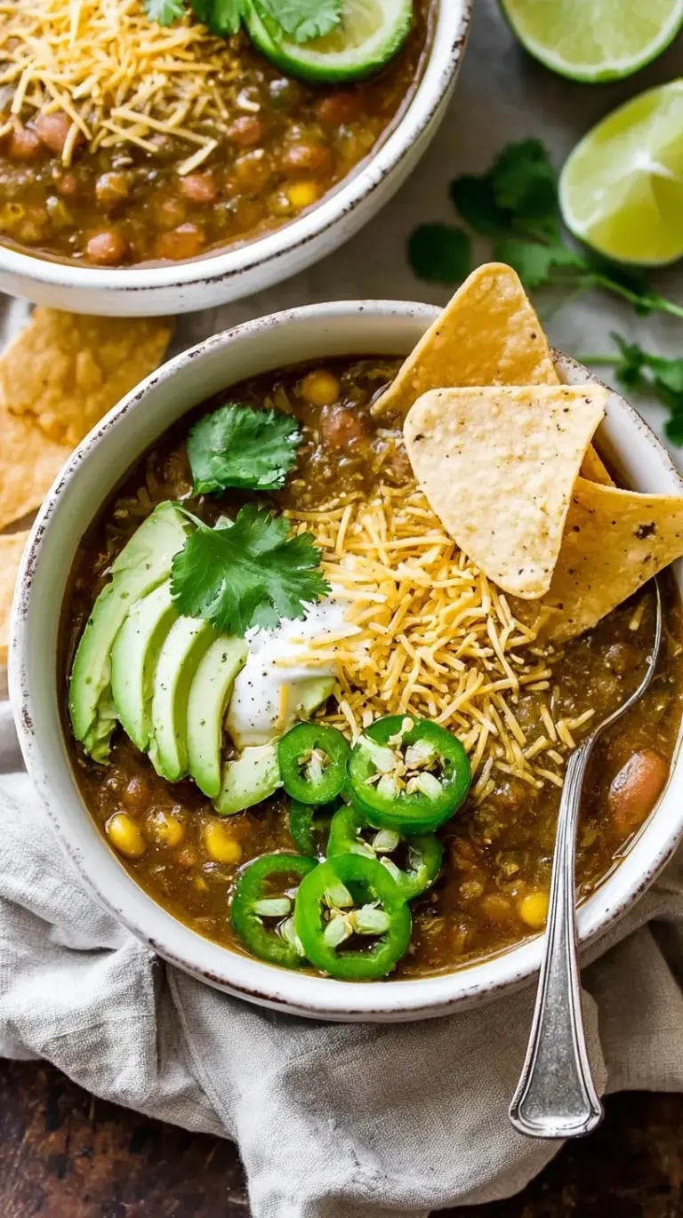 A steaming bowl of Vegetarian Green Chili topped with fresh cilantro and avocado slices