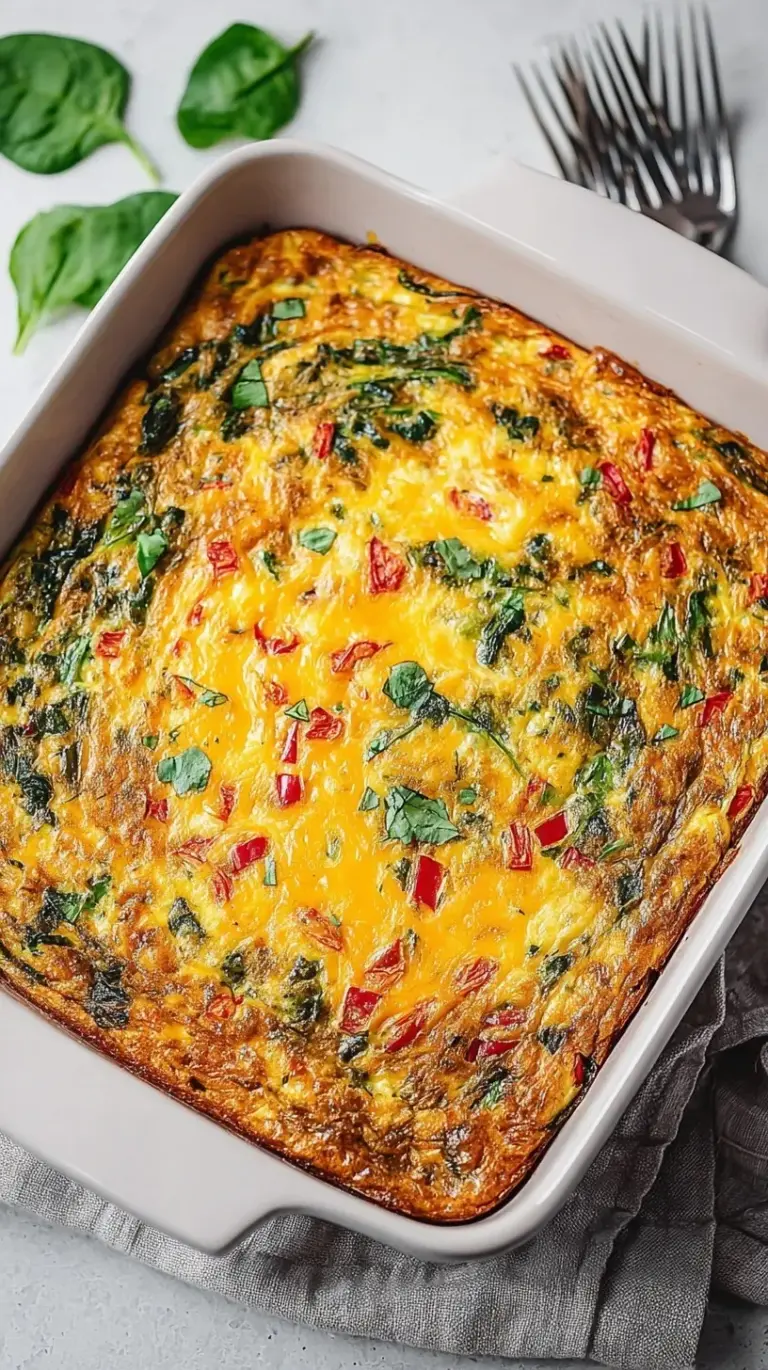 A golden brown vegetarian hash brown breakfast casserole in a glass baking dish with melted cheese and green spinach peaking through.