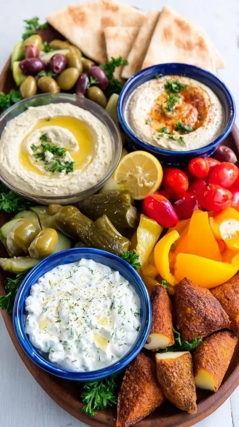 A vibrant Vegetarian Mezze Platter with hummus, falafel, pita, and fresh vegetables on a circular board.