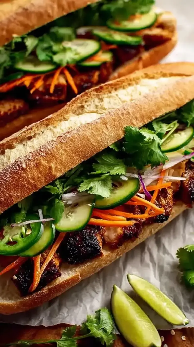 A crispy baguette filled with grilled chicken, pickled carrots, and fresh cilantro.