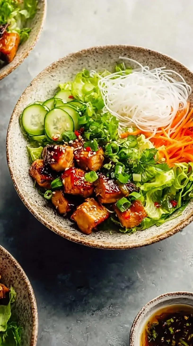 A vibrant bowl of Vietnamese Chicken Noodle Bowls with grilled chicken, rice vermicelli, fresh herbs, and pickled vegetables.