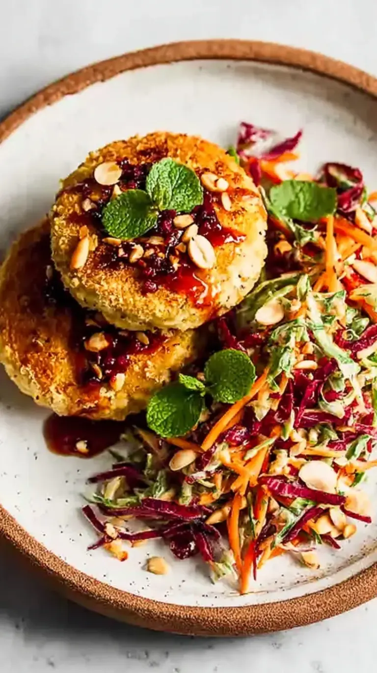 Close up of a Vietnamese Style Chicken Burger with ginger slaw on a brioche bun