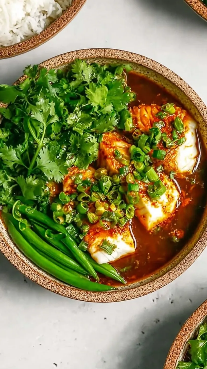 Close up of caramelized fish steaks in a dark savory glaze with green onions and chilies.