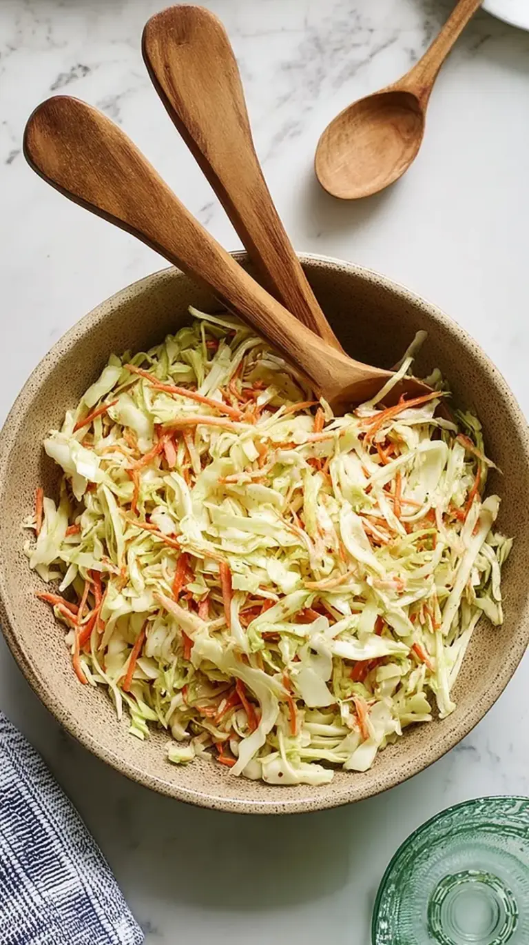 A large bowl of crisp shredded cabbage and carrots tossed in a clear vinegar dressing
