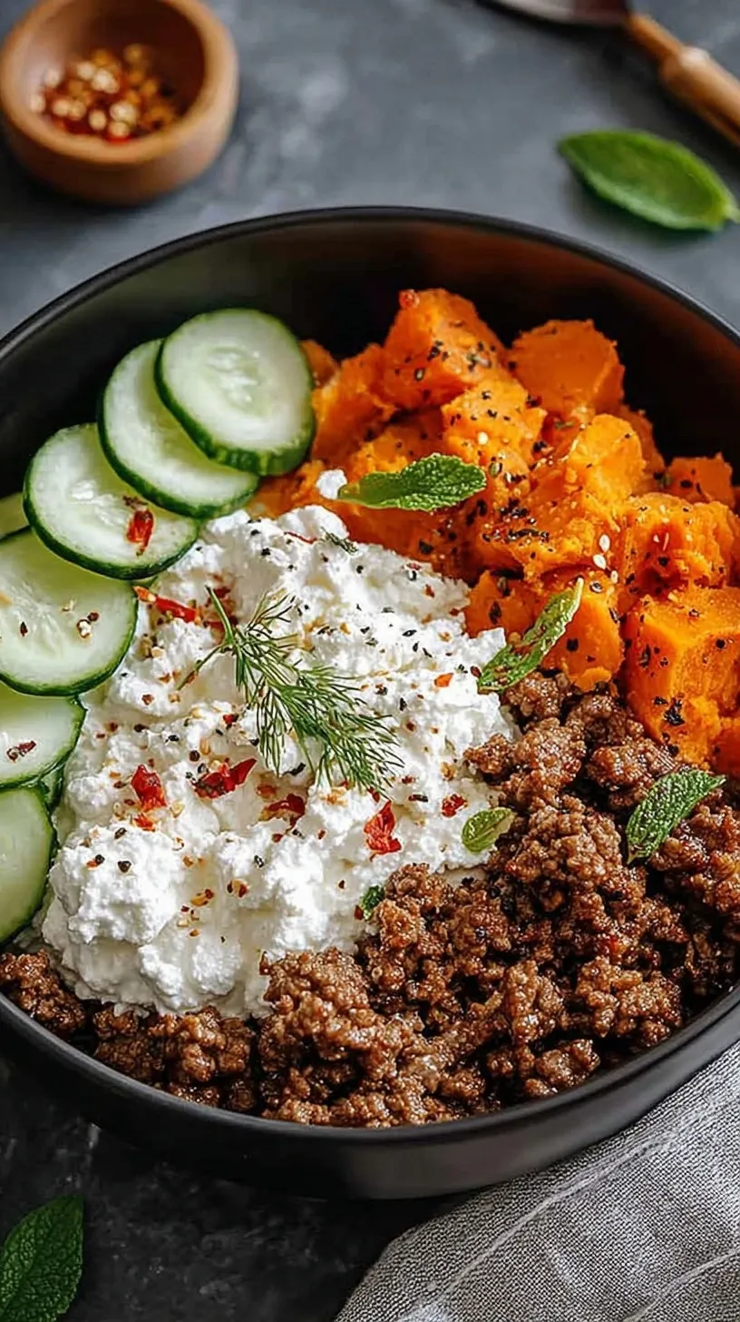 A bowl containing roasted sweet potatoes, seasoned ground beef, and a scoop of creamy cottage cheese topped with green onions.