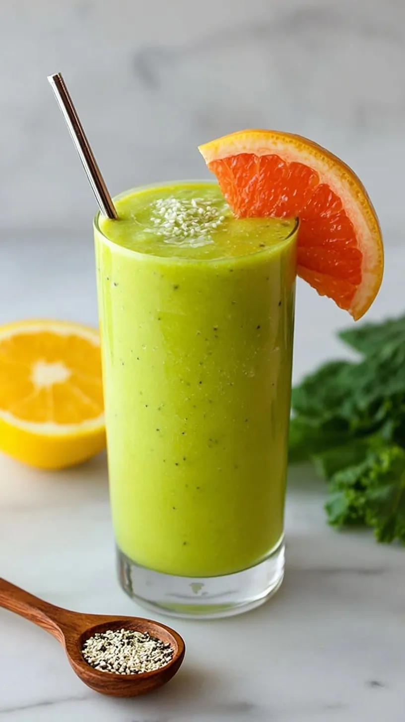 A vibrant orange and pink Vitamin C Smoothie in a chilled glass with a kiwi garnish.