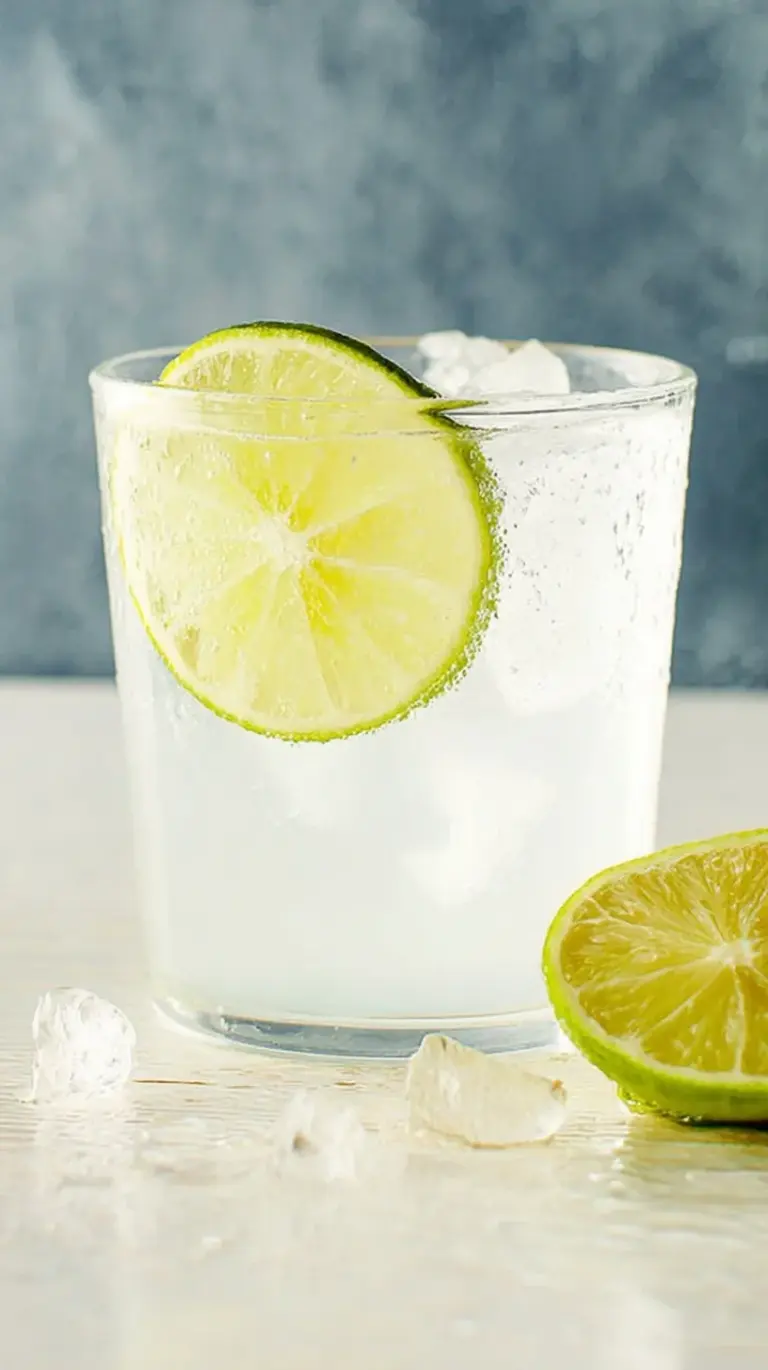 A tall highball glass filled with a clear vodka soda, ice cubes, and a fresh lime wedge garnish on a bright summer table.