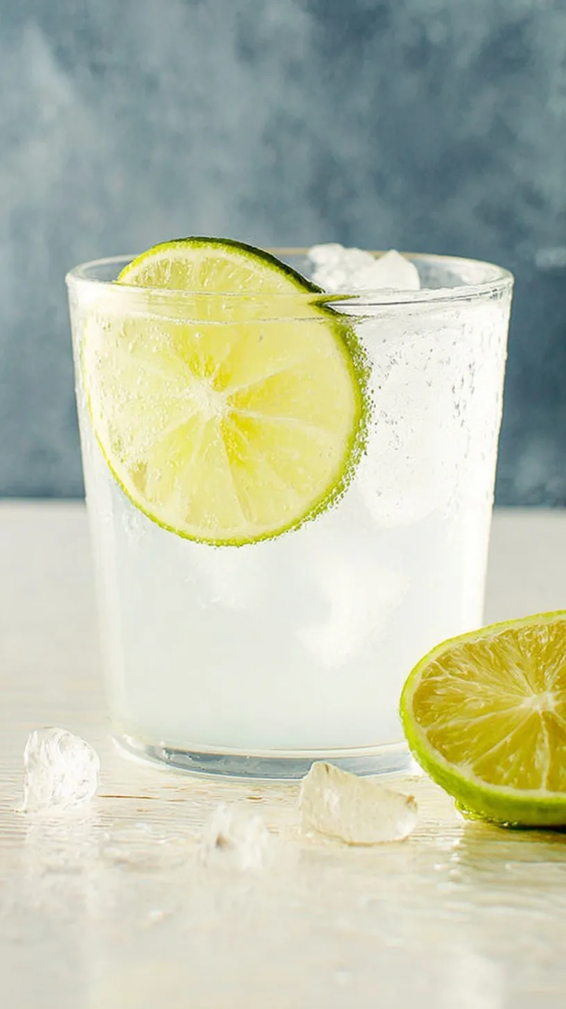 A tall highball glass filled with a clear vodka soda, ice cubes, and a fresh lime wedge garnish on a bright summer table.