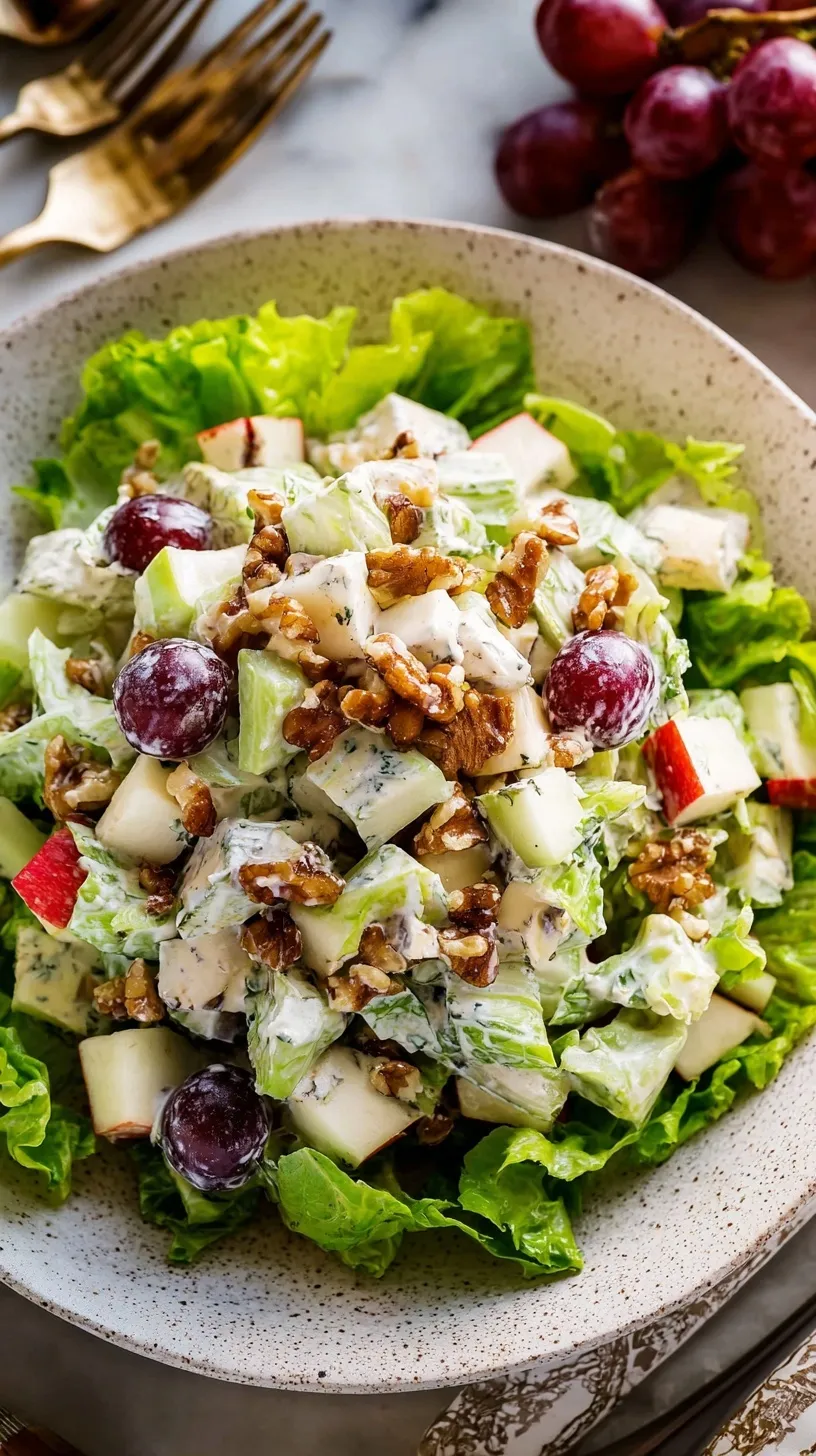 A vibrant Waldorf salad with diced apples, grapes, and walnuts served on fresh lettuce leaves.