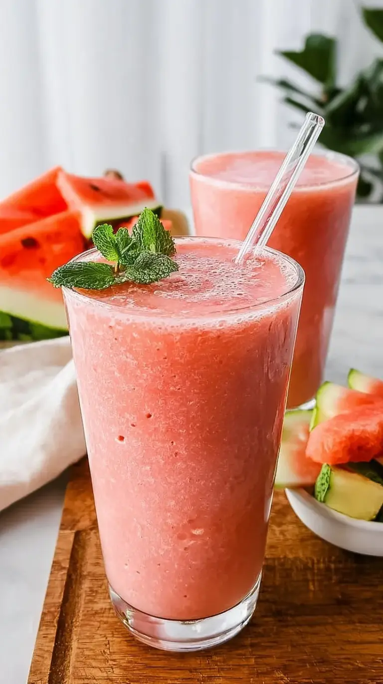 A vibrant pink watermelon smoothie in a chilled glass garnished with fresh mint