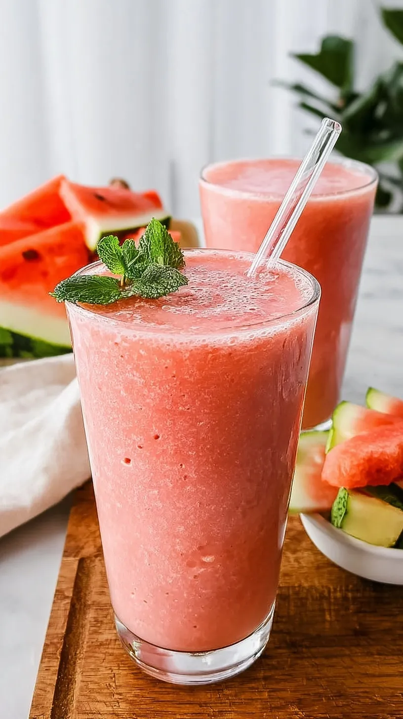 A vibrant pink watermelon smoothie in a chilled glass garnished with fresh mint