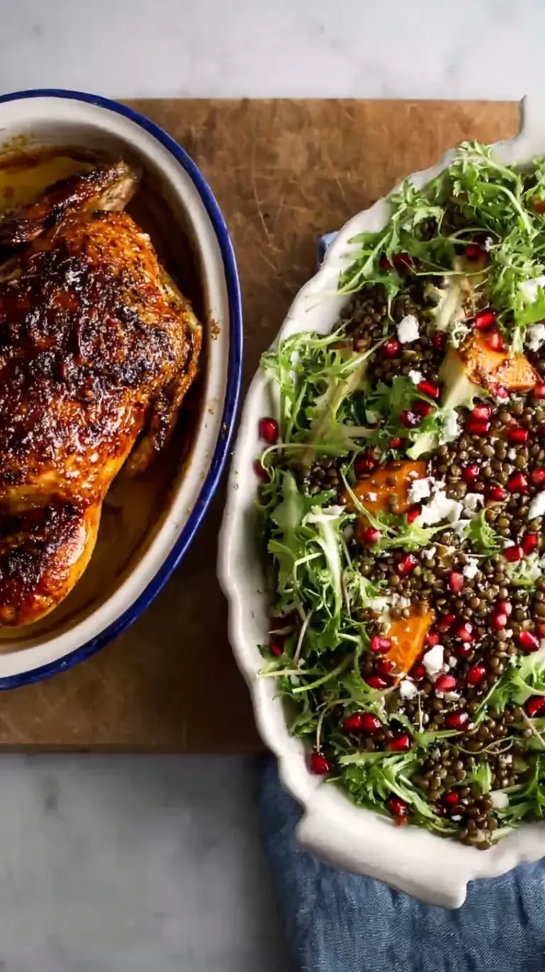 A platter of golden roast chicken slices served over a bed of warm green lentils and wilted spinach.