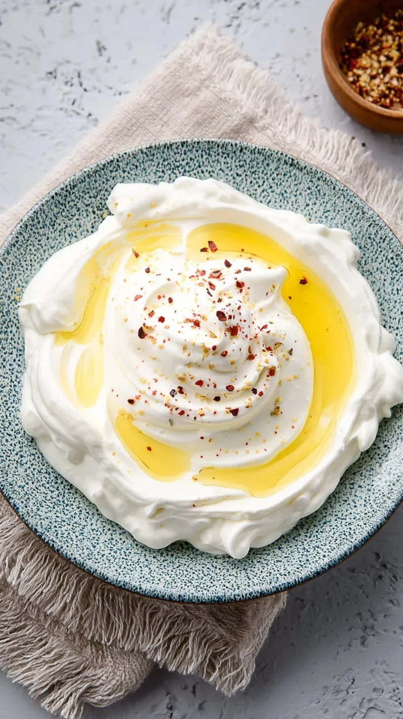 A white bowl filled with smooth whipped cottage cheese topped with a swirl of olive oil.