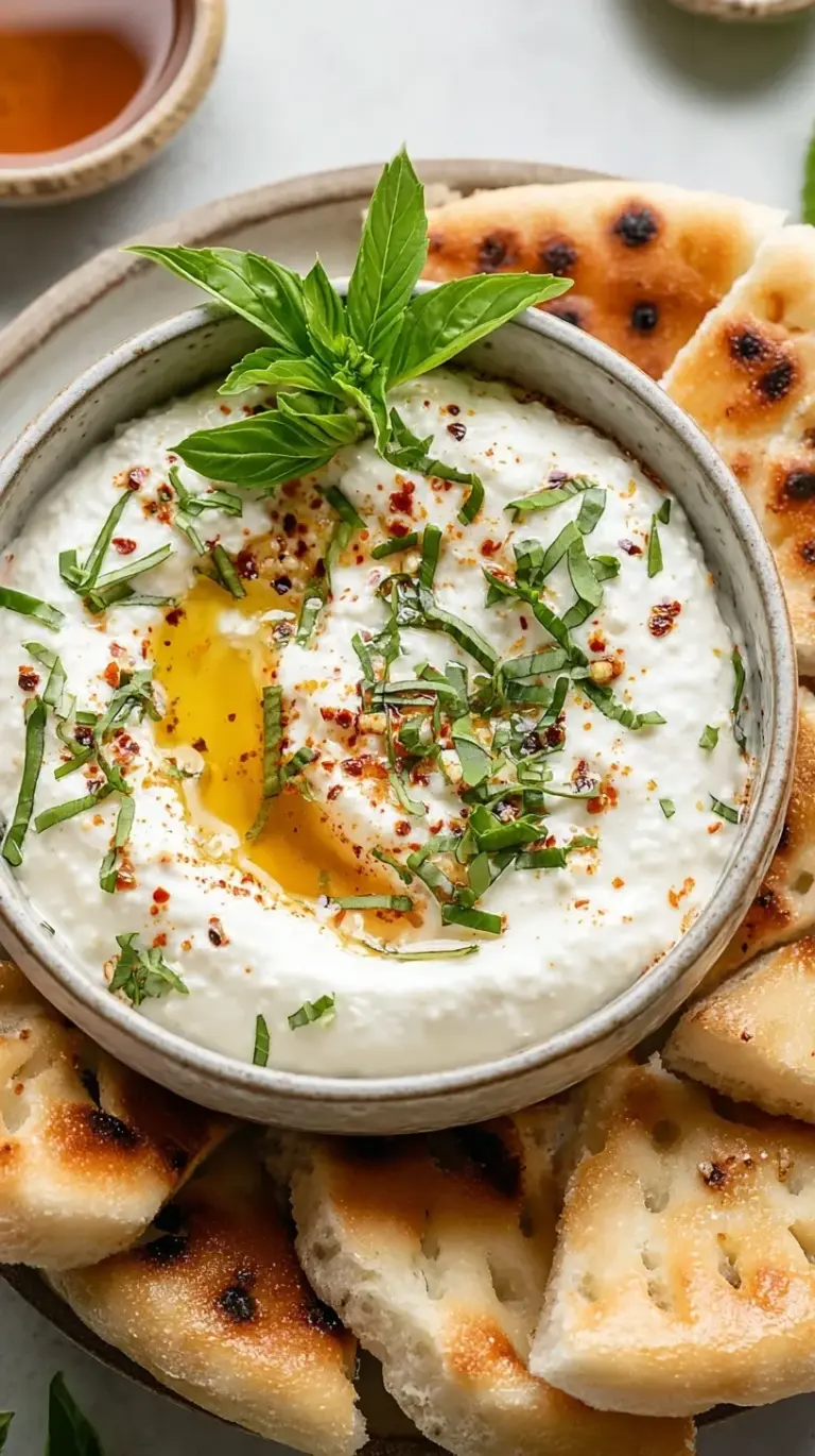 A bowl of creamy whipped feta dip topped with olive oil and oregano served with pita bread