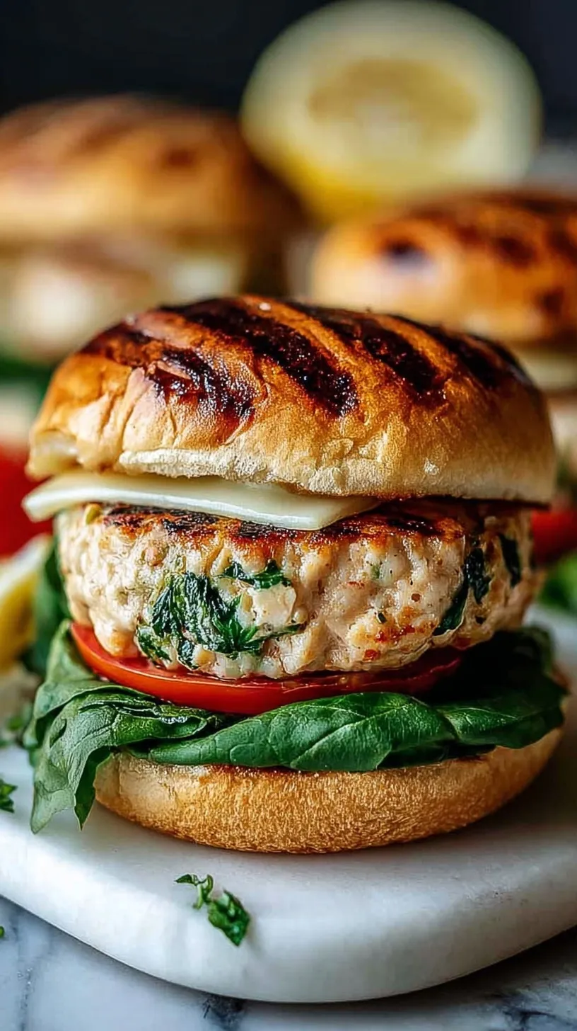 Juicy ground chicken burger with melted white cheddar and green spinach on a toasted brioche bun.