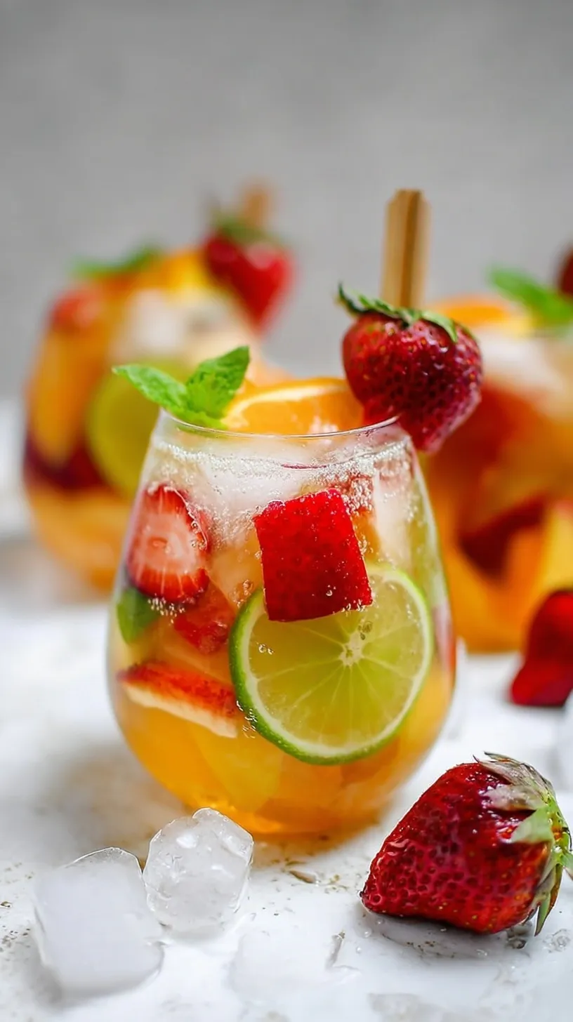 A glass pitcher filled with White Wine Sangria, sliced oranges, lemons, and green apples on a sunny outdoor table.