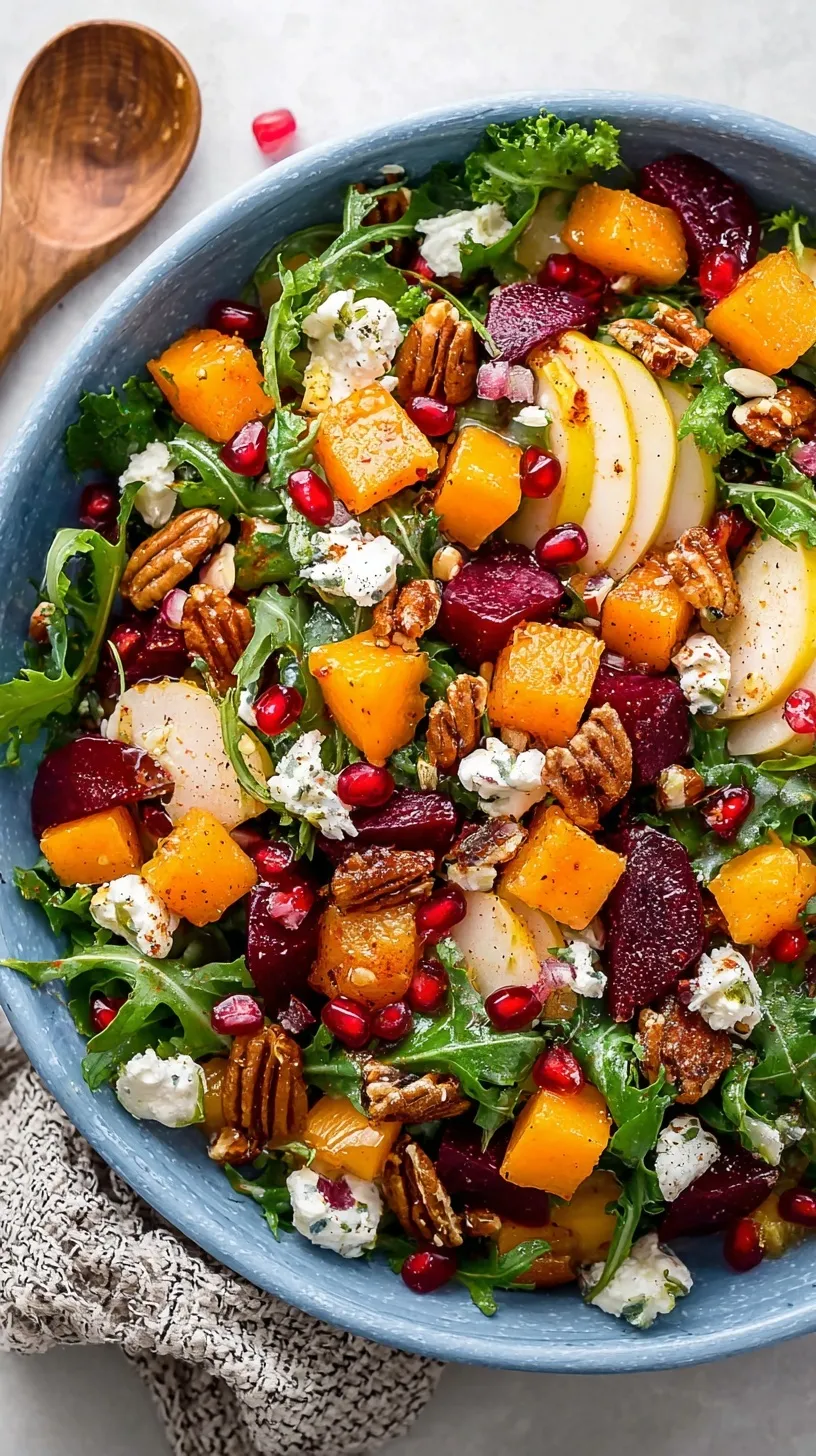 A vibrant Roasted Winter Kale Salad with roasted butternut squash, pomegranate seeds, and goat cheese in a large bowl.