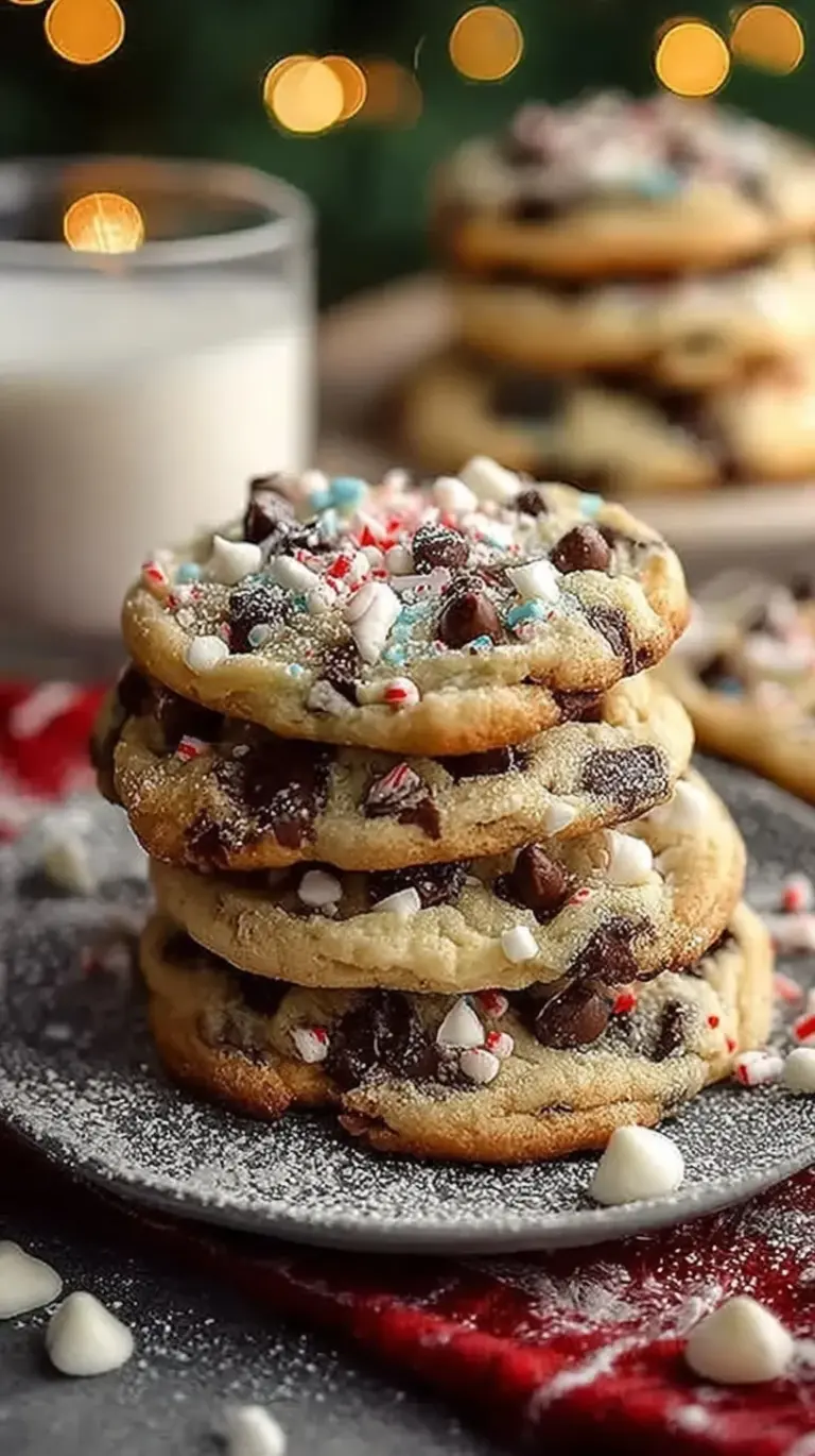 Festive chocolate chip cookies dusted with powdered sugar on a wire rack with holiday decorations.
