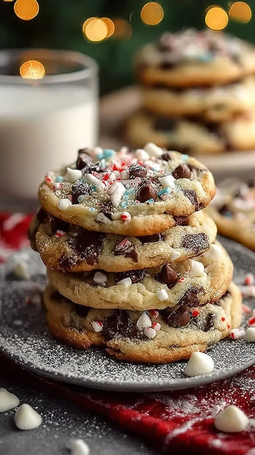 Festive chocolate chip cookies dusted with powdered sugar on a wire rack with holiday decorations.