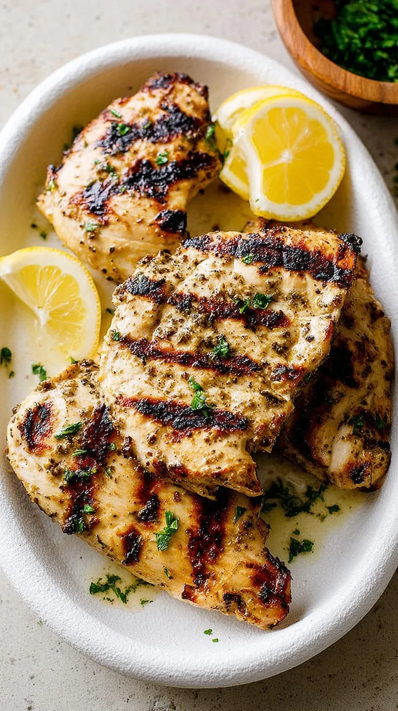 Grilled yogurt marinated chicken thighs with char marks and fresh lemon slices