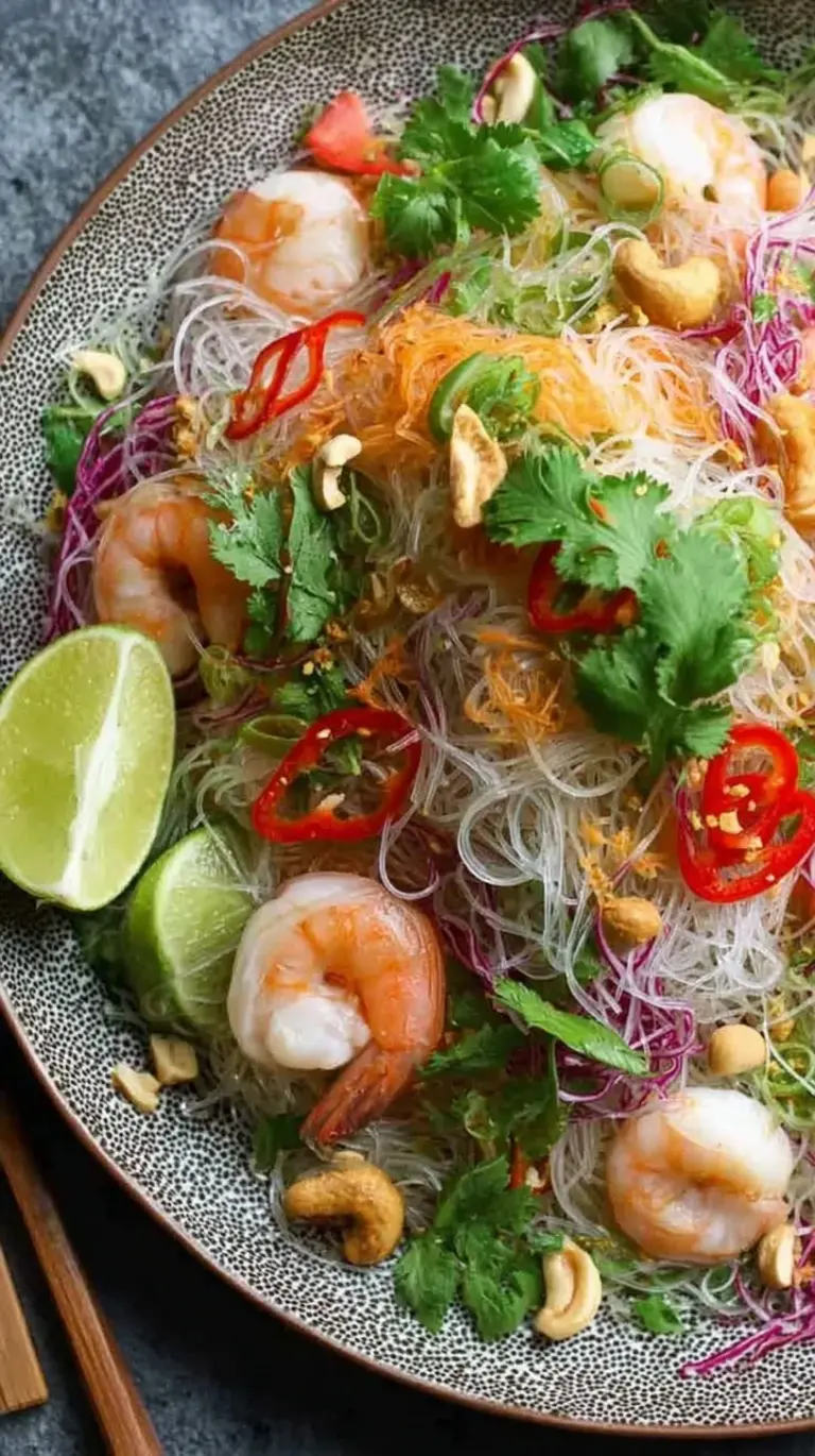A vibrant bowl of Yum Woon Sen Thai glass noodle salad with shrimp, pork, and fresh cilantro