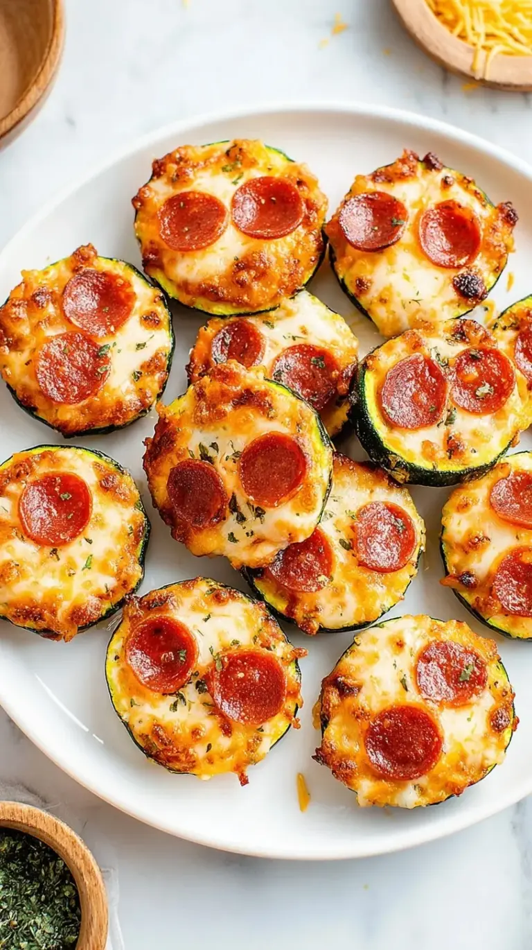 Roasted zucchini rounds topped with melted mozzarella, marinara, and mini pepperoni slices on a baking sheet.
