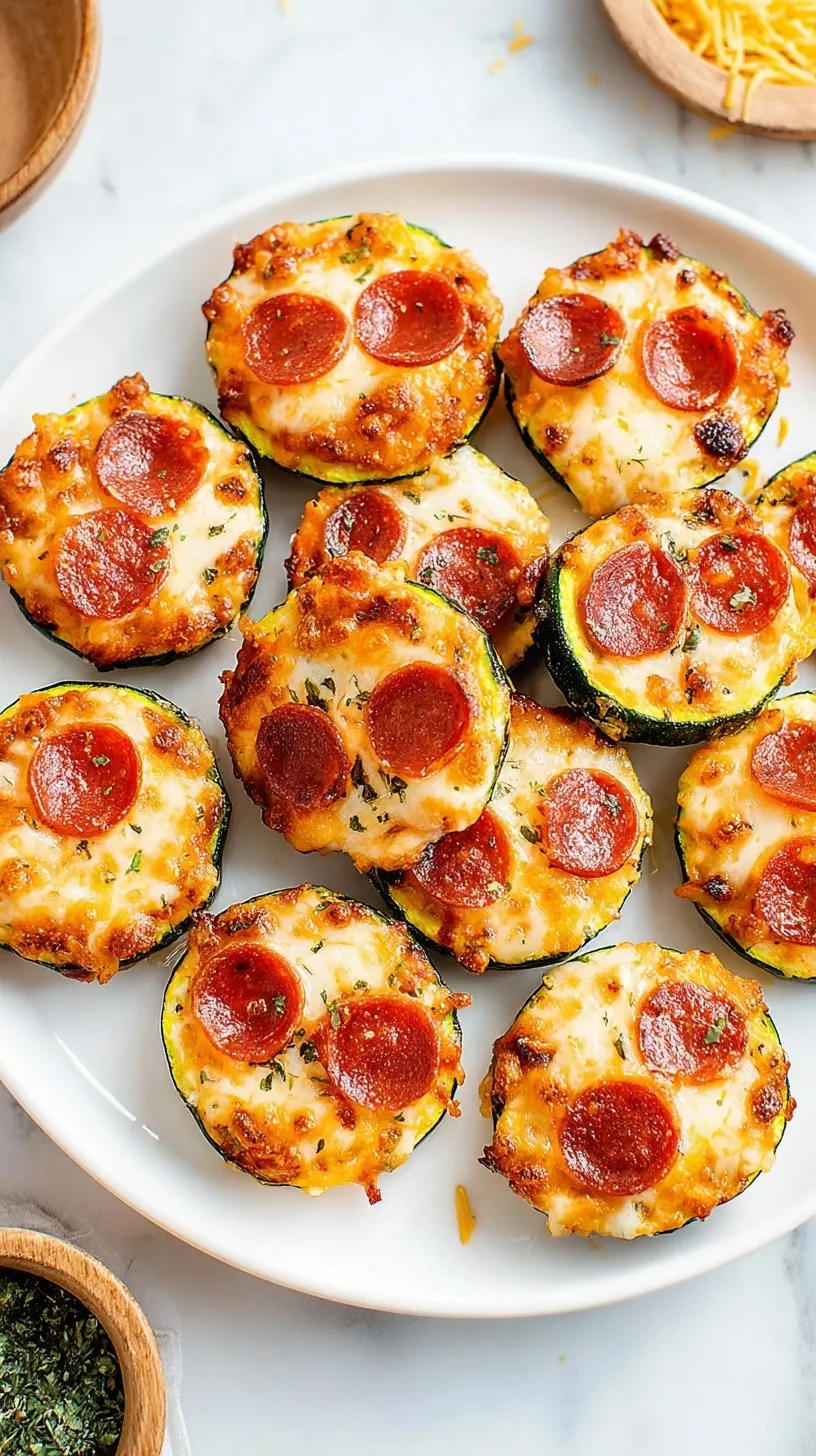 Roasted zucchini rounds topped with melted mozzarella, marinara, and mini pepperoni slices on a baking sheet.
