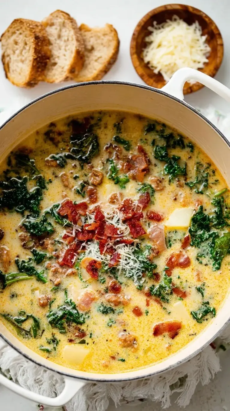 A steaming bowl of Zuppa Toscana with crispy bacon and parmesan cheese on top.